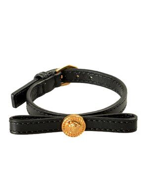 Versace Gold Color Metal Black Leather Adjustable Bracelet